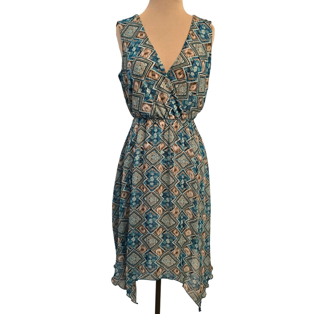 EnFocus Studio Teal Brown Geometric Print‎ Dress 4 V-Neck Handkerchief-Hem Y2K